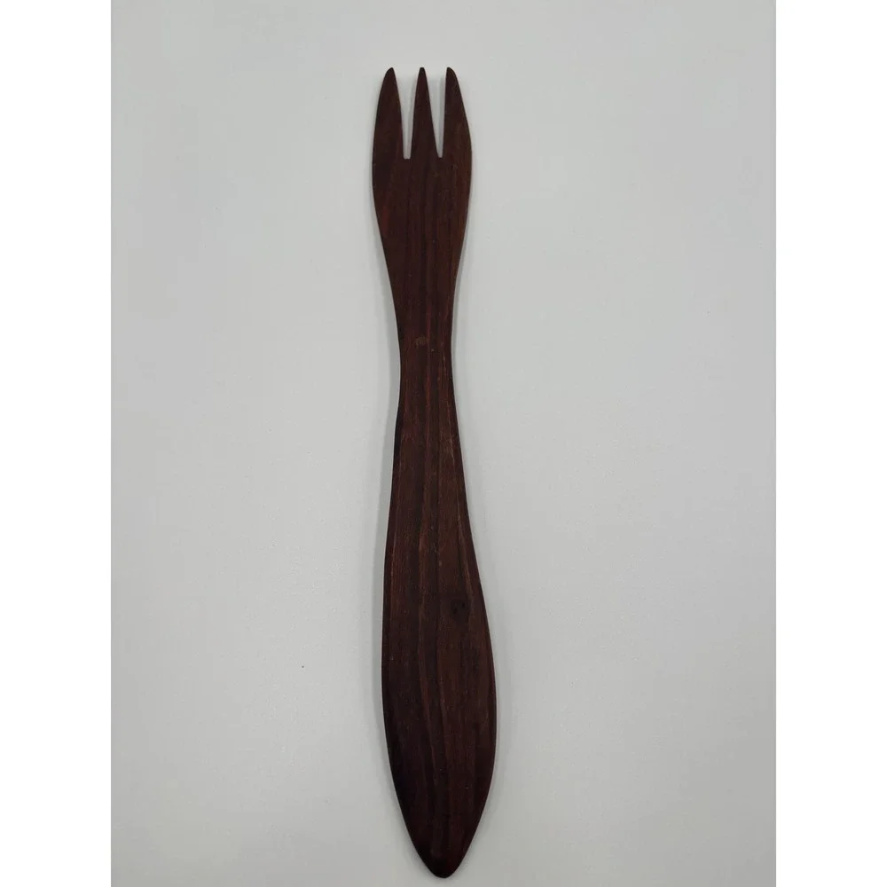 Artisan Hand Carved Wooden Salad Server Set Signed JEW 2014 Dark Wood Fork Spoon